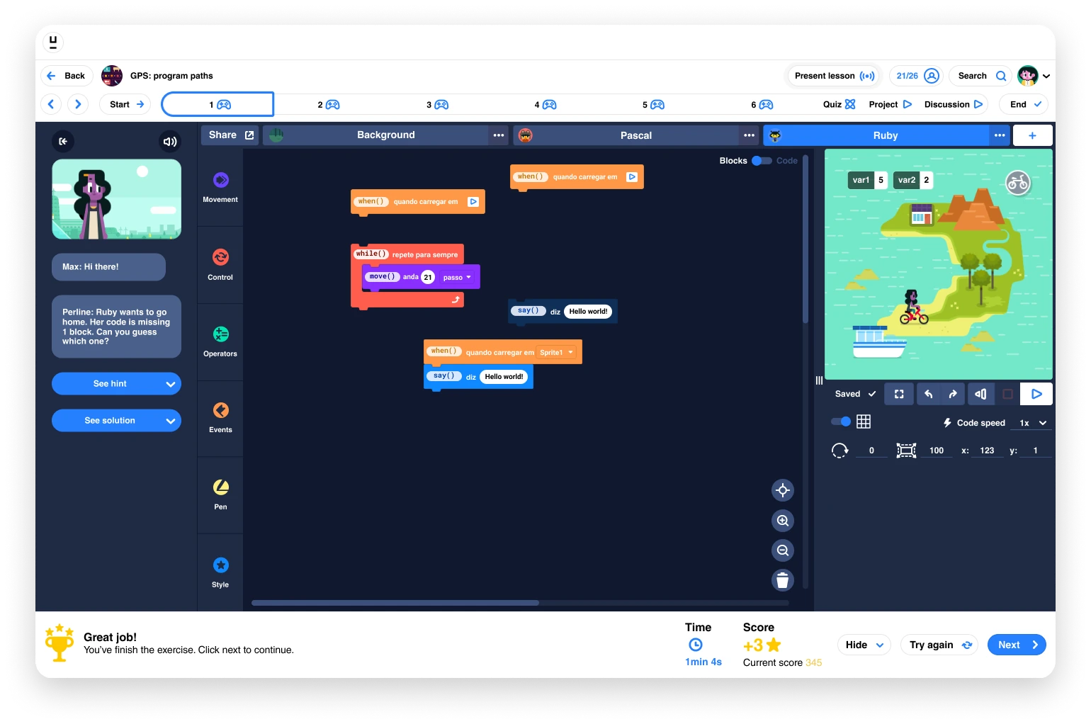ubbu block-coding editor with the sprite list, code blocks and stage