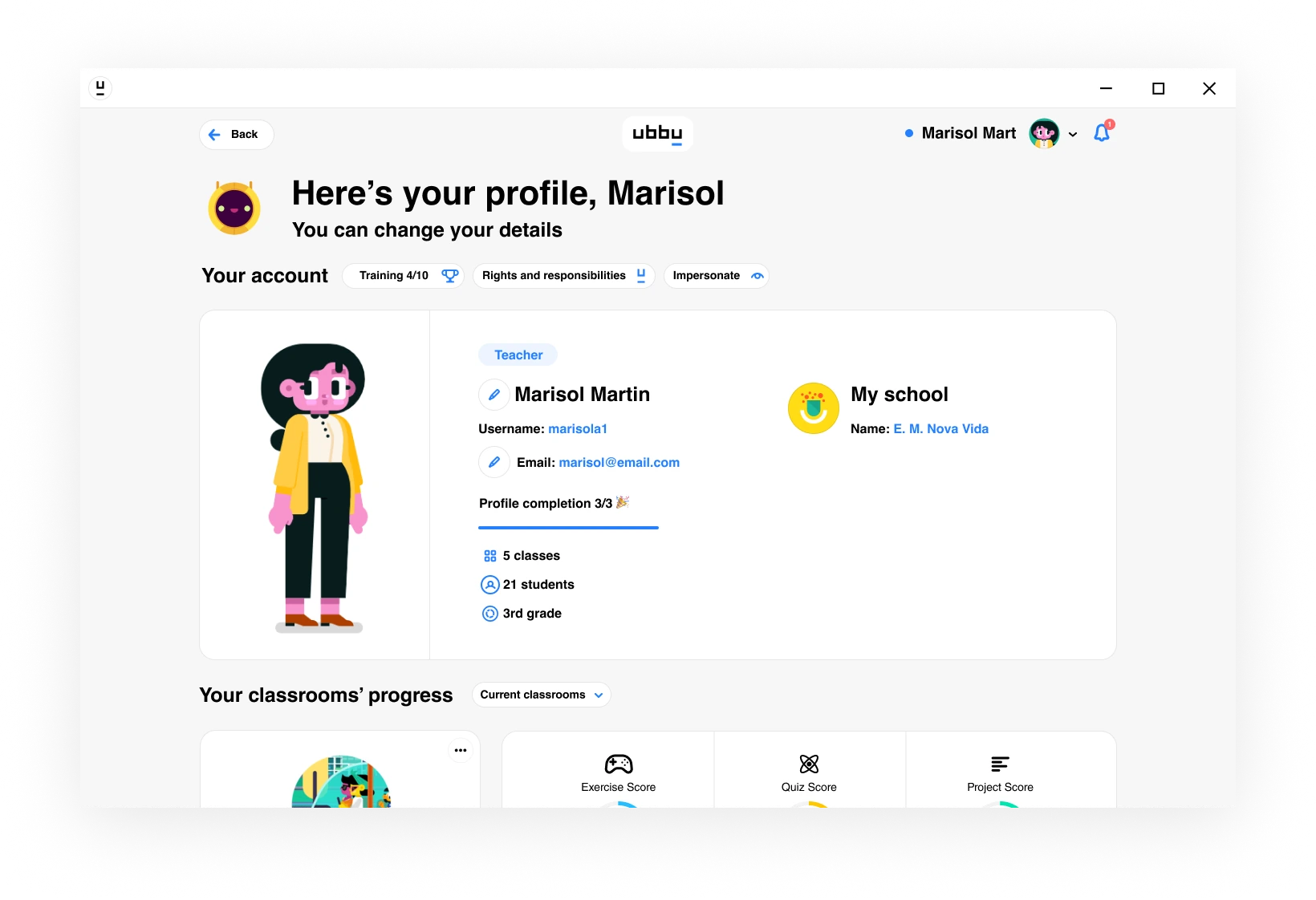 ubbu teacher profile with account details and classroom progress