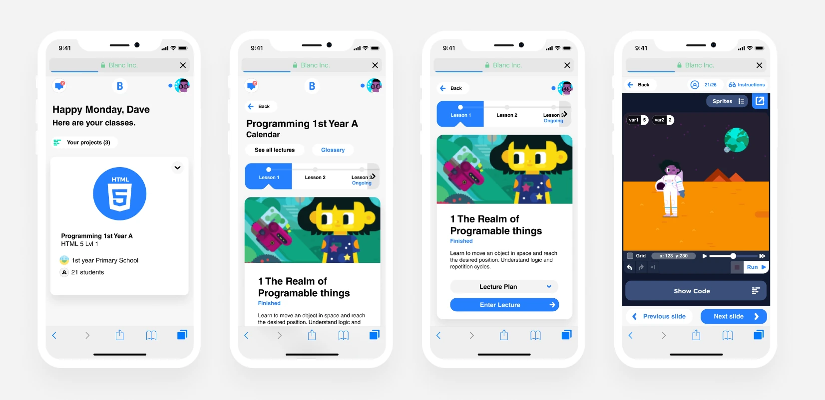 ubbu on a phone: class list, lesson plan and coding screens