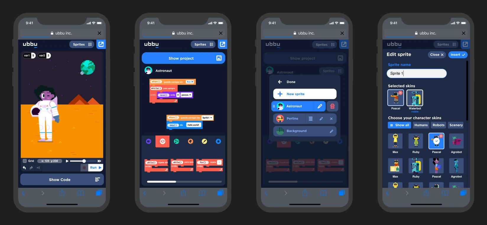 ubbu block editor on a phone, with the sprite and character pickers