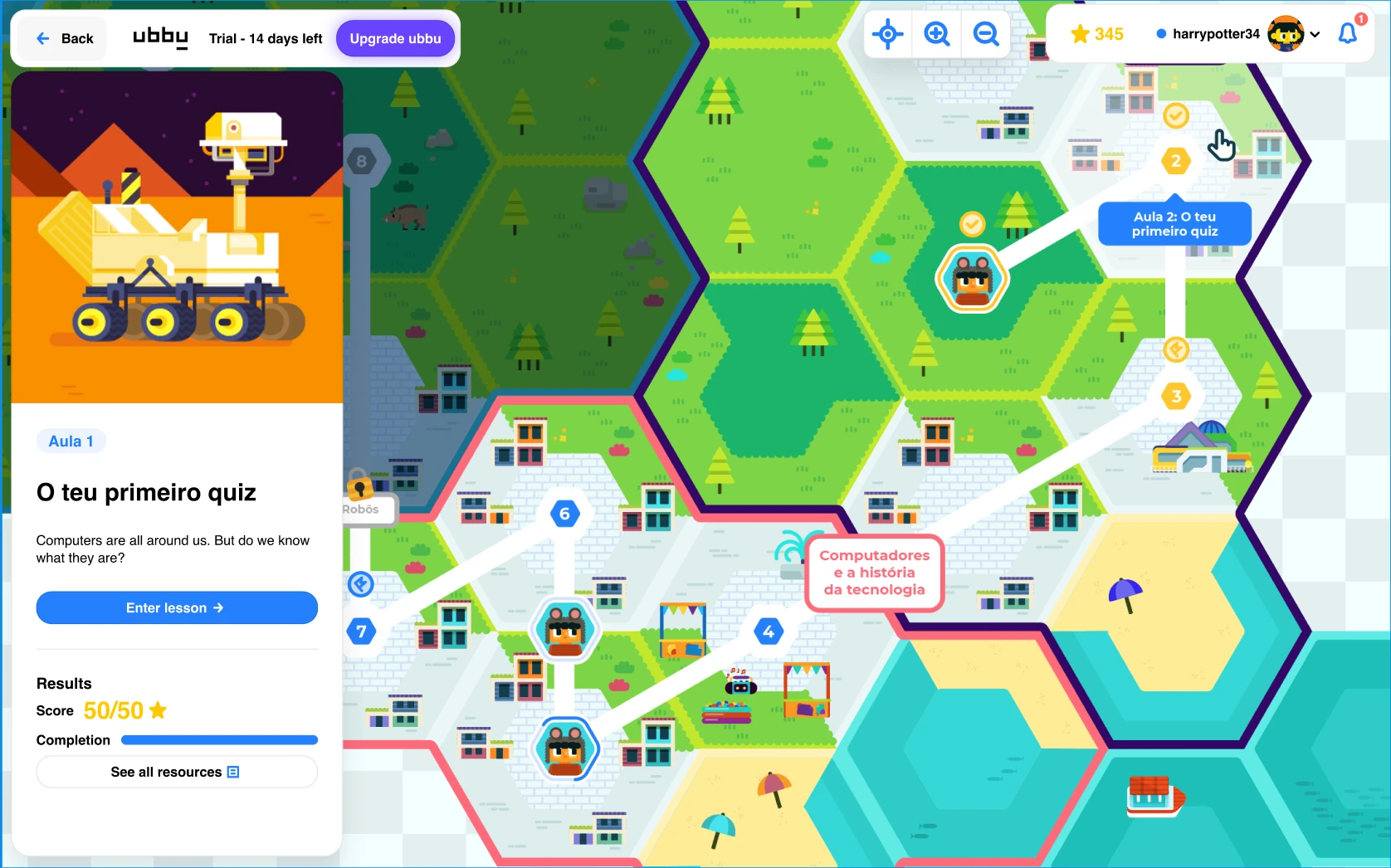 ubbu course map: hexagonal tiles leading from lesson to lesson