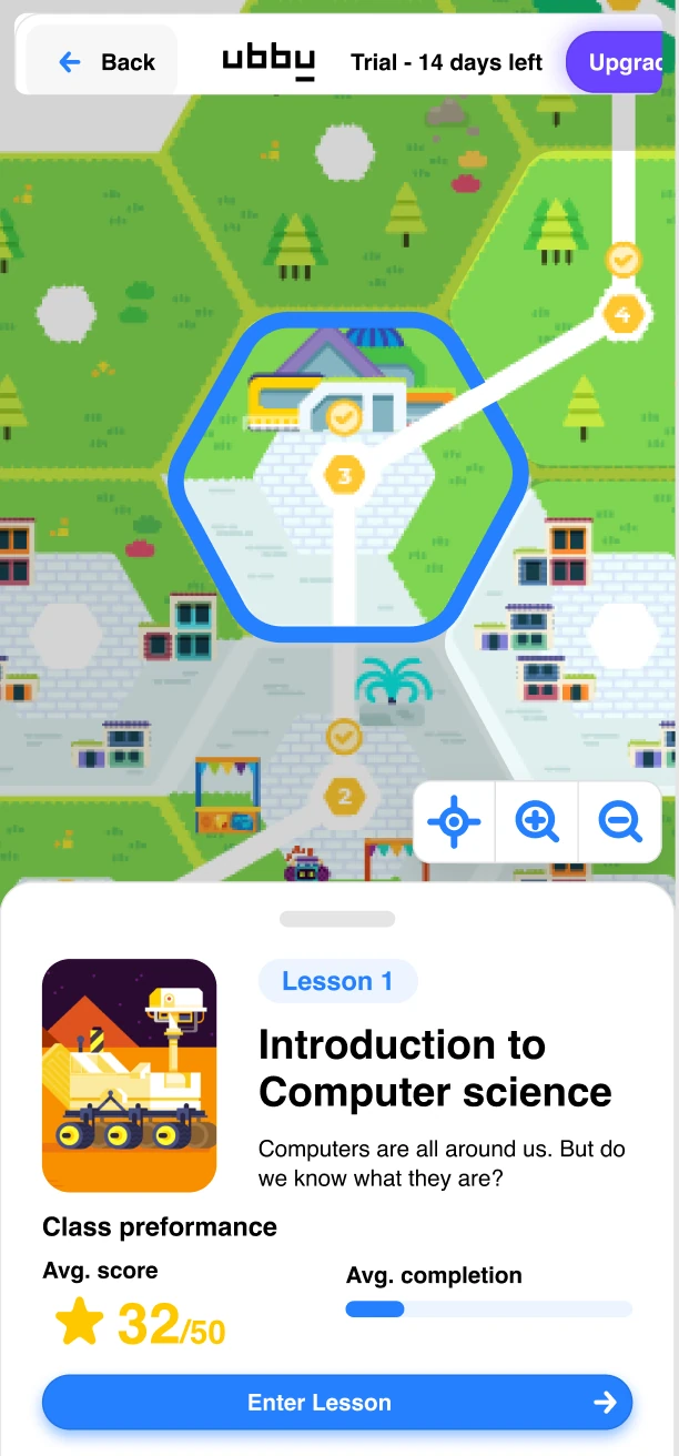 ubbu course map on a phone, with the lesson card open