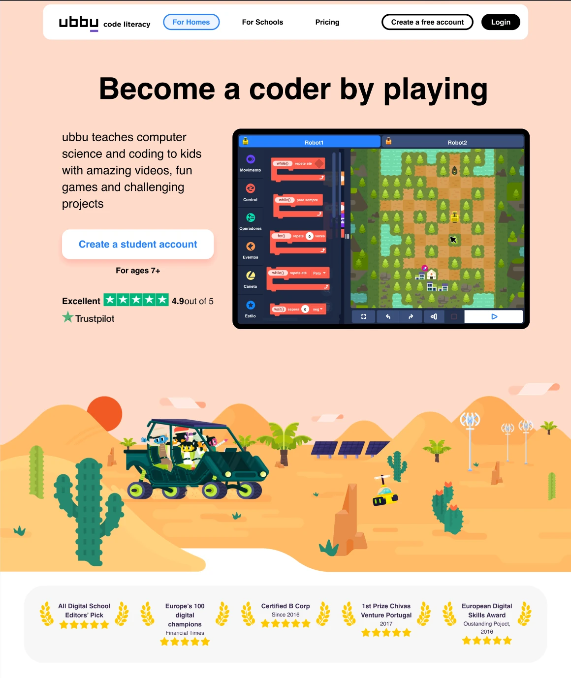 ubbu marketing page: “Become a coder by playing”