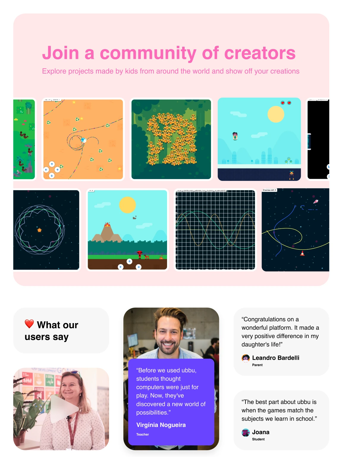 ubbu community page showing projects made by children