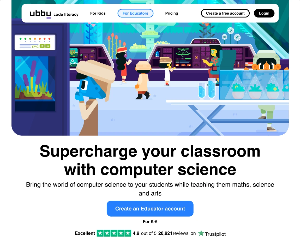 ubbu page for educators: “Supercharge your classroom with computer science”