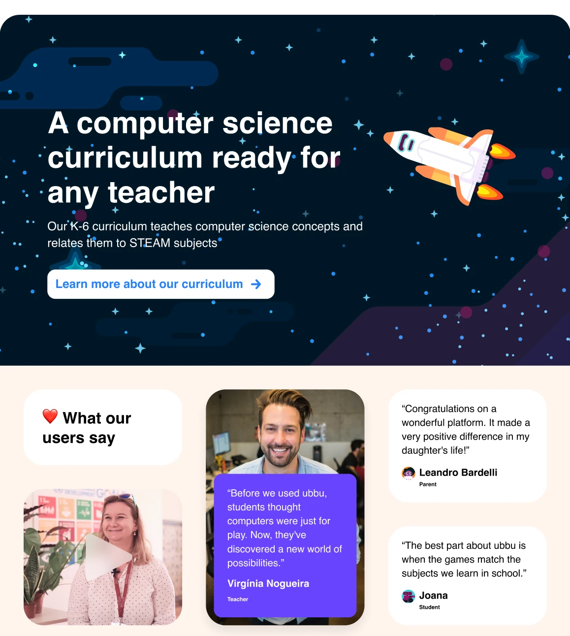 ubbu curriculum page, with a rocket illustration and testimonials
