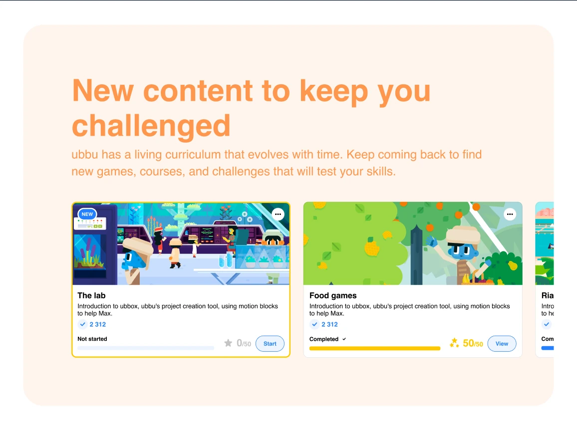 ubbu page describing new content: the lab, food games and other courses