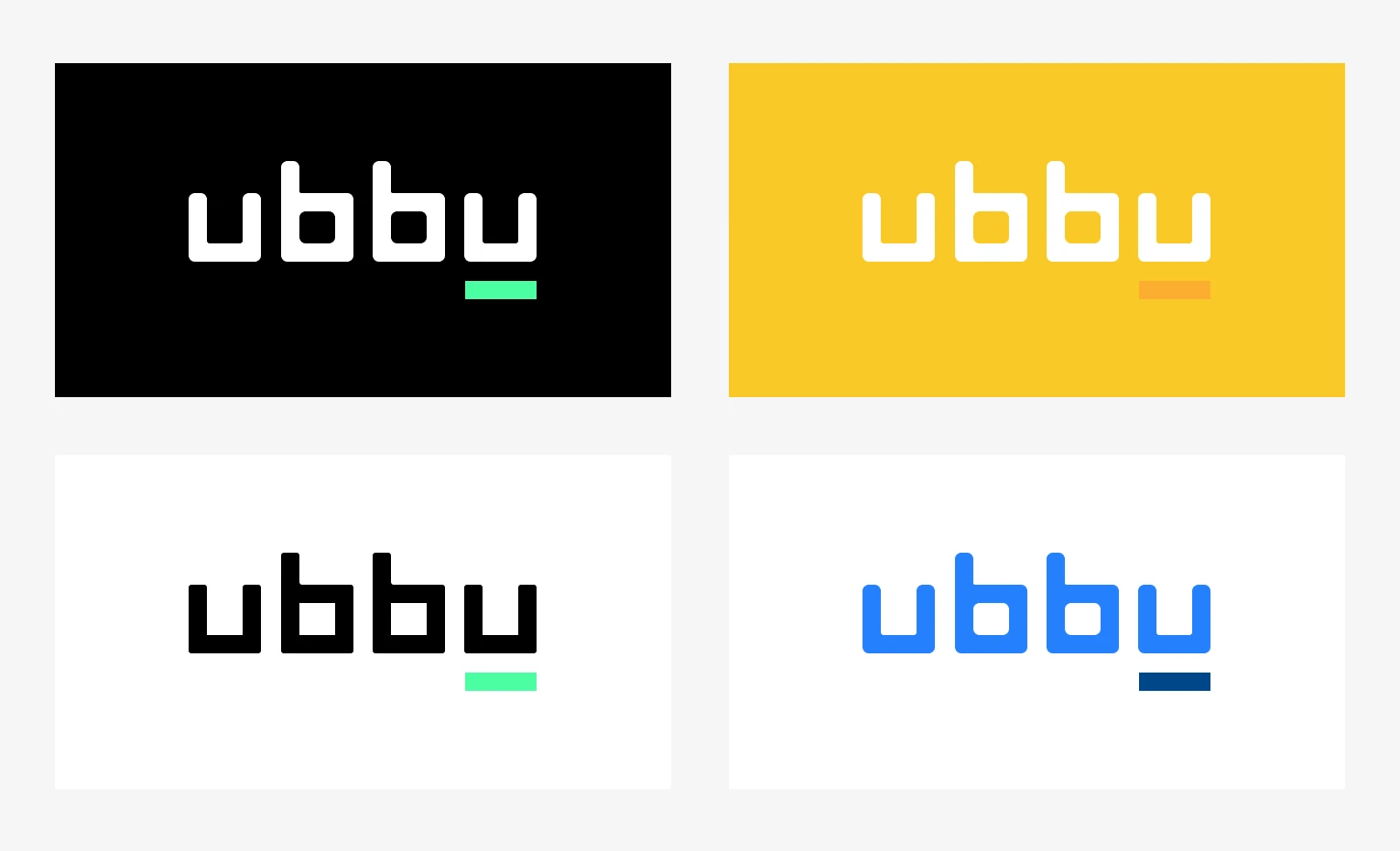 The ubbu wordmark in four colourways: black, yellow, white and blue