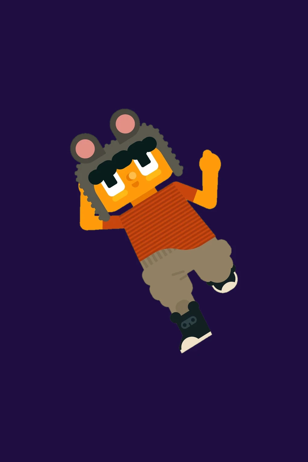 An ubbu character, the kid in the bear hat, on purple