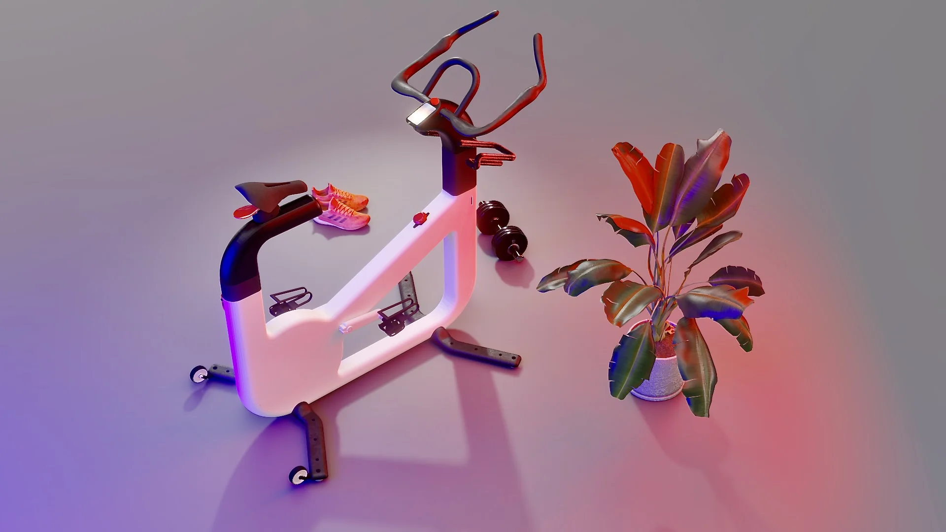 Render of two uBikes lit in pink and red, beside a plant
