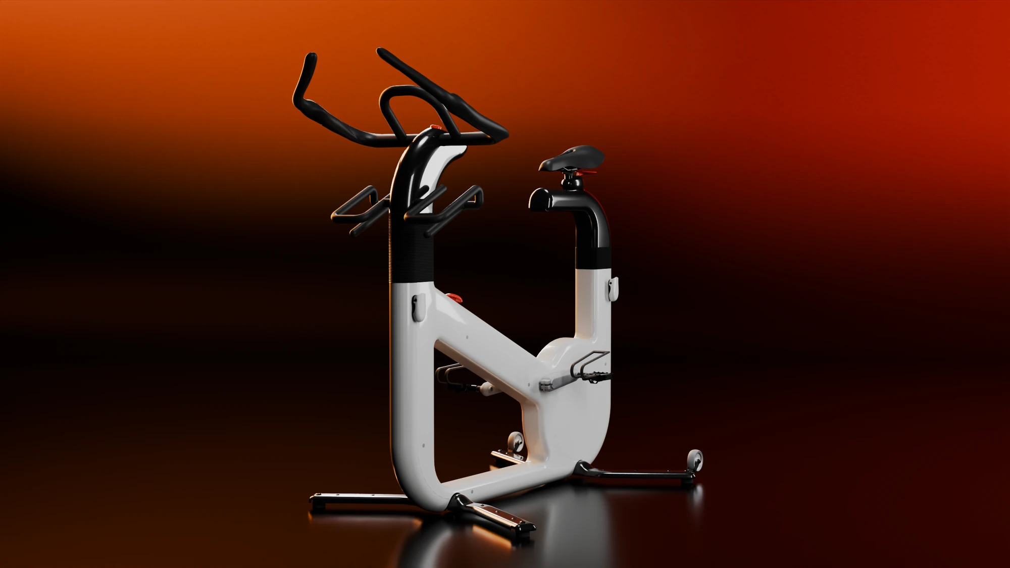 The uBike, a white loop frame with black arms carrying a saddle and a handlebar, in a dark studio