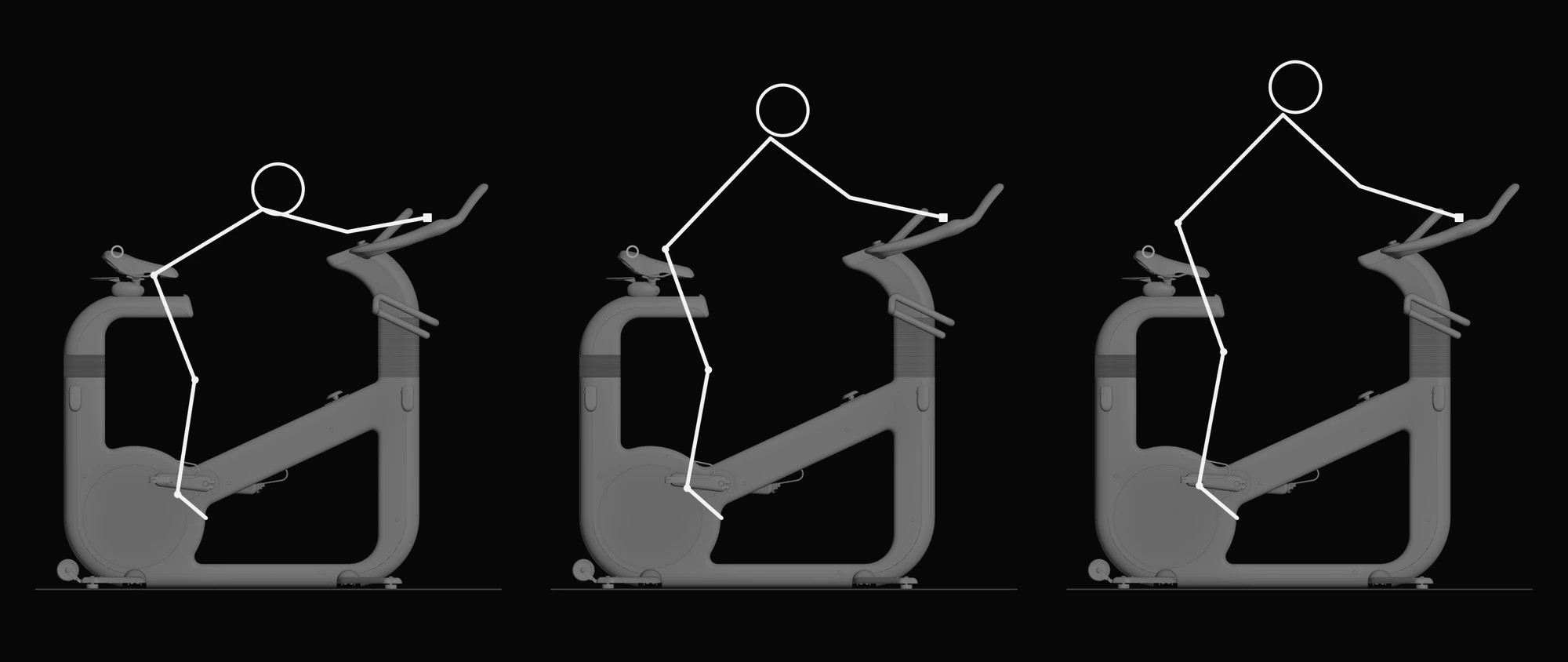 Three riders drawn as stick figures on the original uBike: a small woman, a median adult and a tall man, their hips away from the original saddle