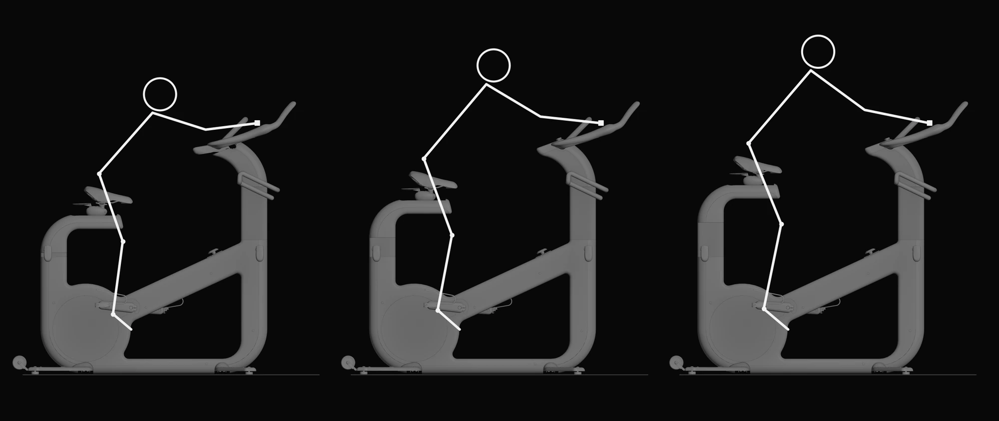 The same three riders on the v2, the saddle and bar set for each, hips on the saddle and hands on the bar