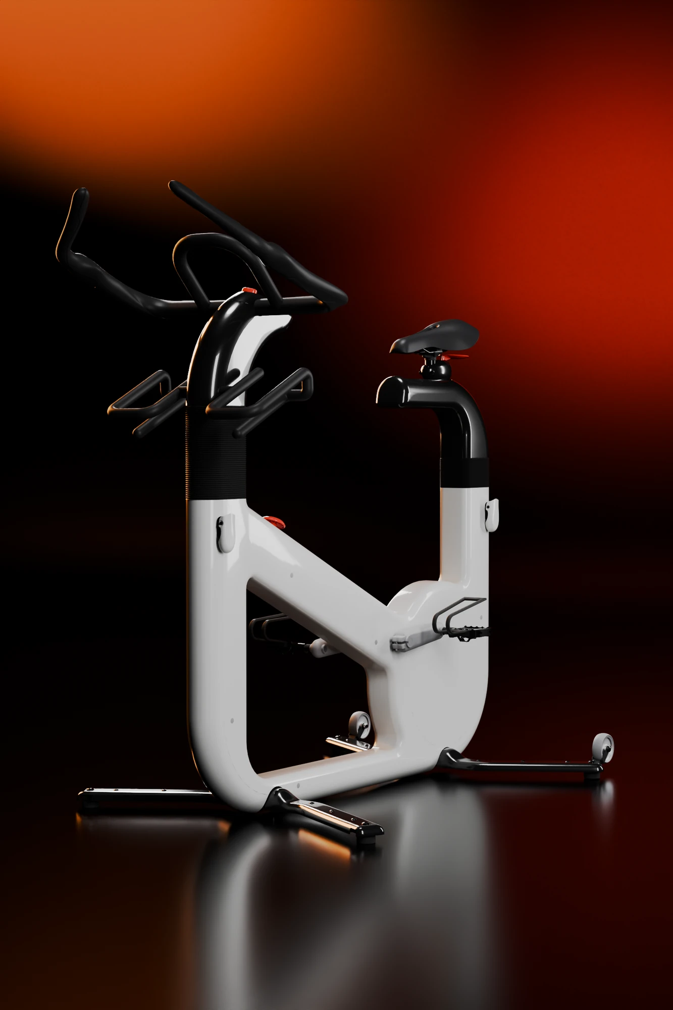 The uBike alone in front of an orange and red wall lit by two lamps, three-quarter view from the front, on a glossy black floor