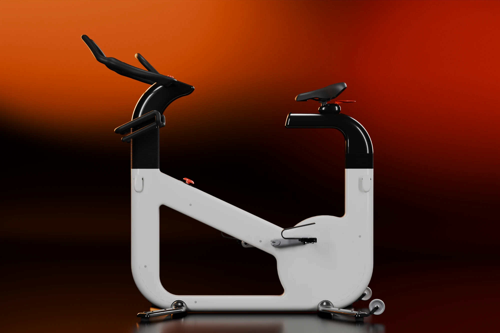 Side elevation of the original uBike: a white loop frame, a black arm and saddle at the rear, a black arm and handlebar at the front