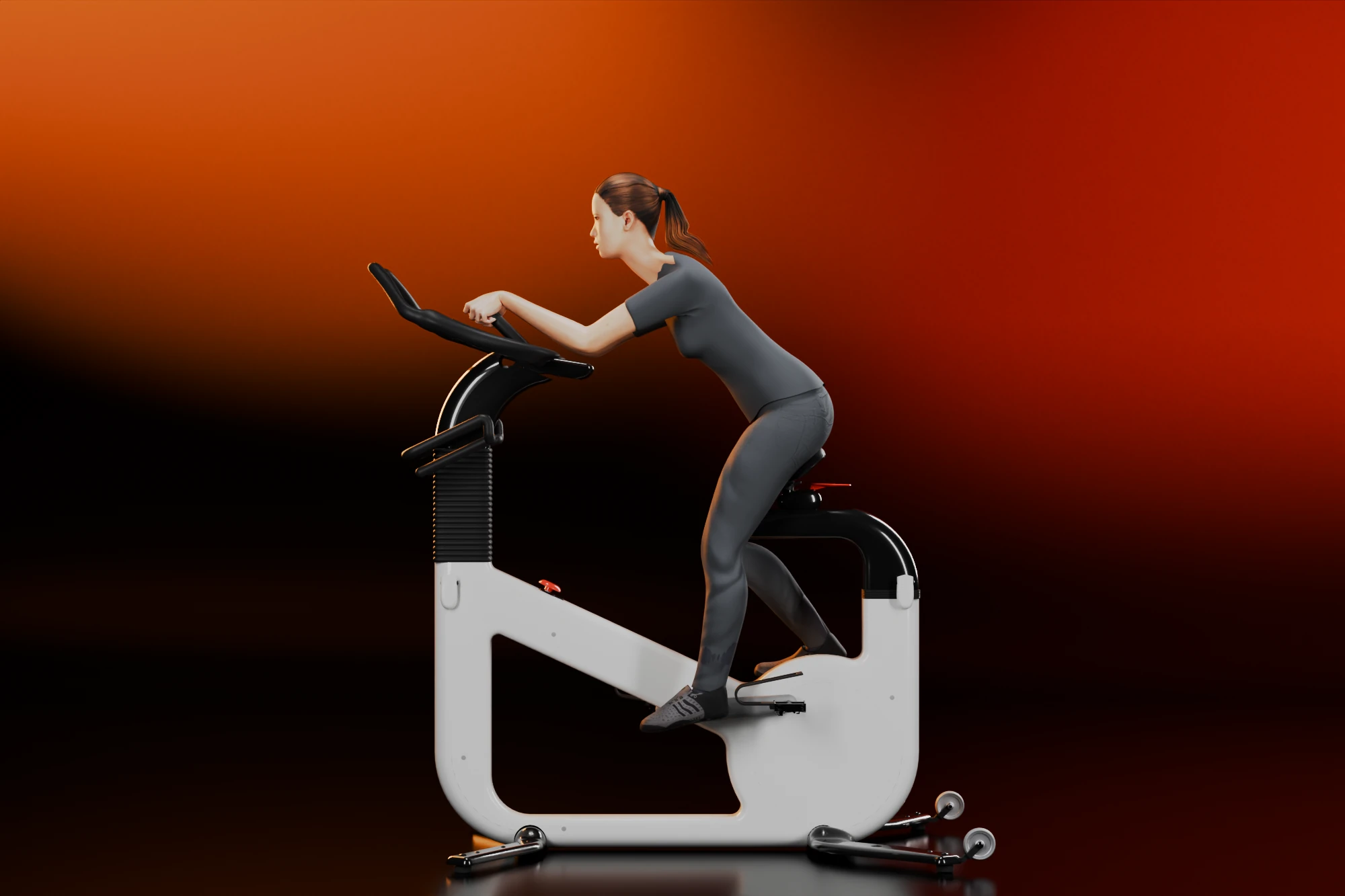 A 1.52 m woman riding the v2 in dark training clothes, the saddle low and the bar slid towards her