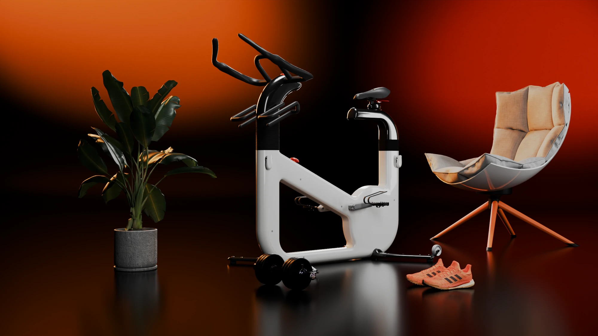 The uBike with a plant, a dumbbell, running shoes and a white shell chair, lit orange and red against a black wall