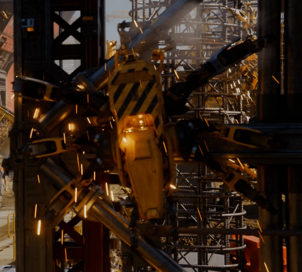 A yellow and black striped construction robot with several arms working among steel scaffolding and rebar, sparks flying