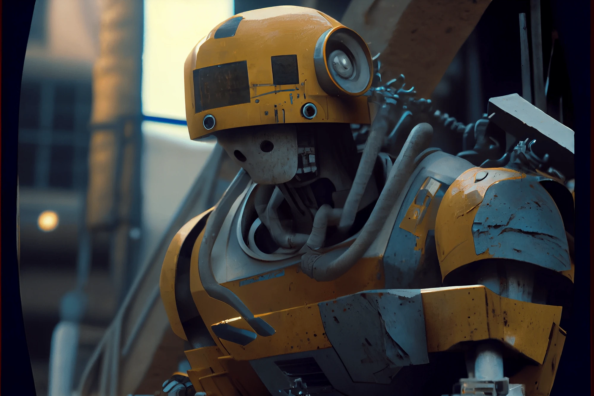 A weathered yellow robot with a helmet-like head, round camera eyes and cables at its neck, a blurred building behind