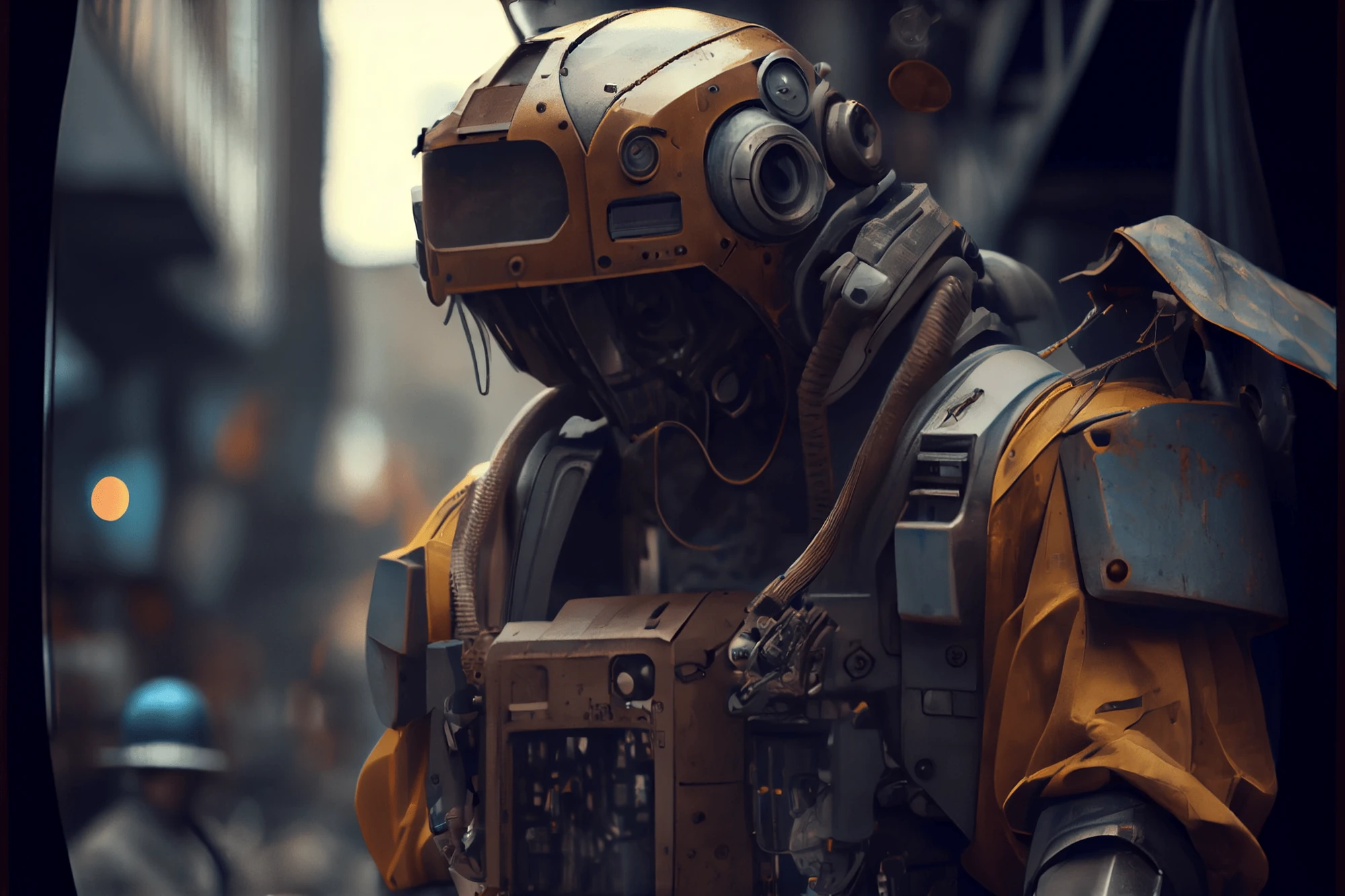 A rusted yellow and grey robot with a visor and a cluster of camera lenses on its head, a worker in a blue hard hat blurred behind