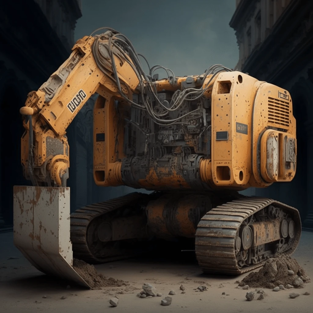 A rusted yellow tracked excavator-like robot with exposed wiring and a bucket, standing on rubble between dark buildings