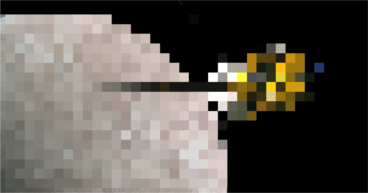 A coarsely pixelated spacecraft with gold panels beside the pale edge of a moon, on black