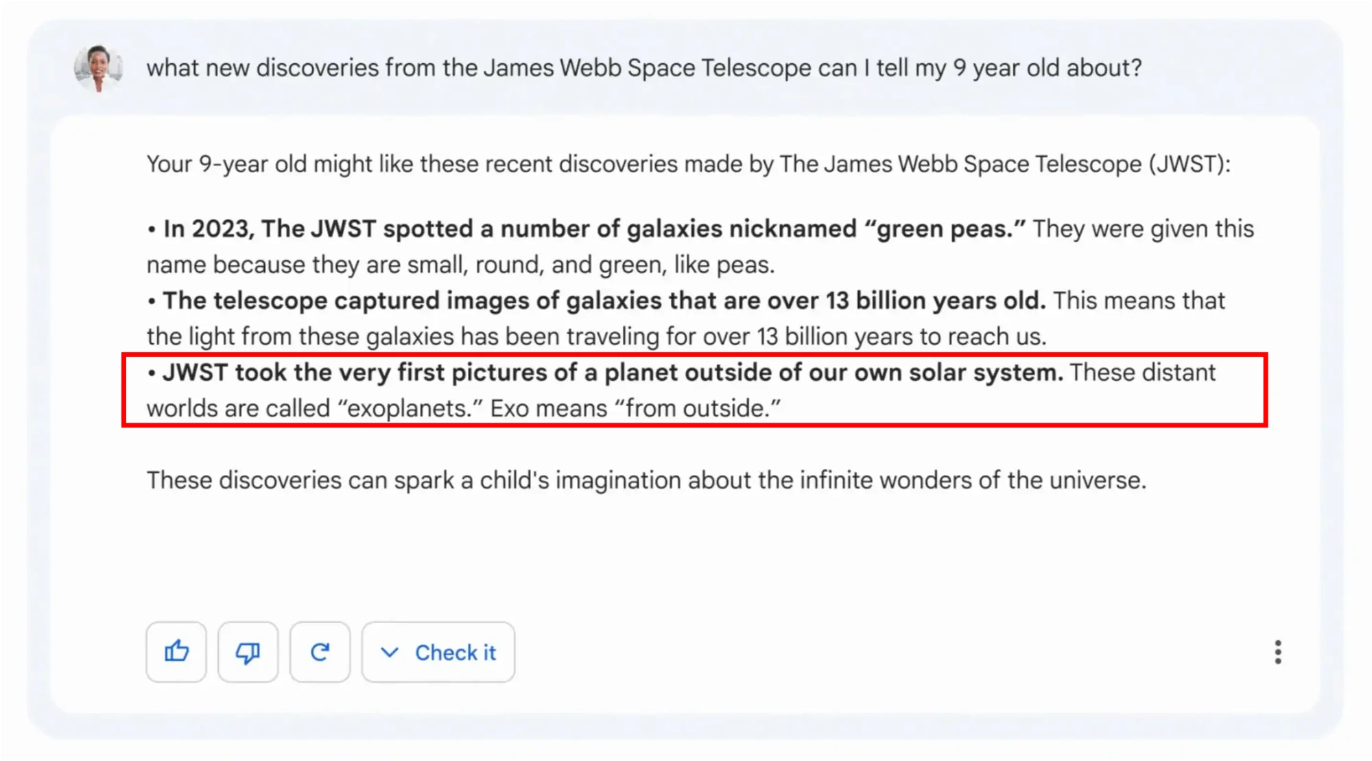 Bard's answer to a question about James Webb Space Telescope discoveries, its claim that JWST took the very first pictures of a planet outside our solar system boxed in red