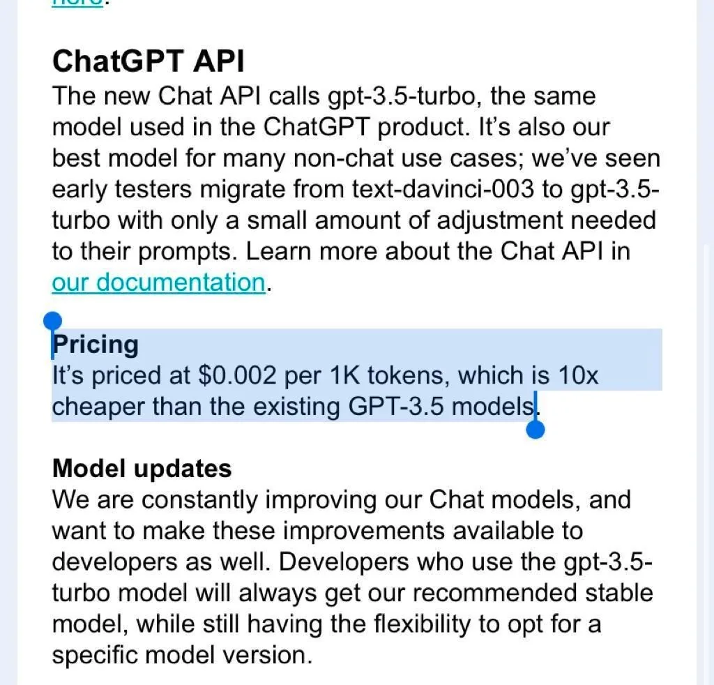 The pricing section of that announcement: $0.002 per 1K tokens, ten times cheaper