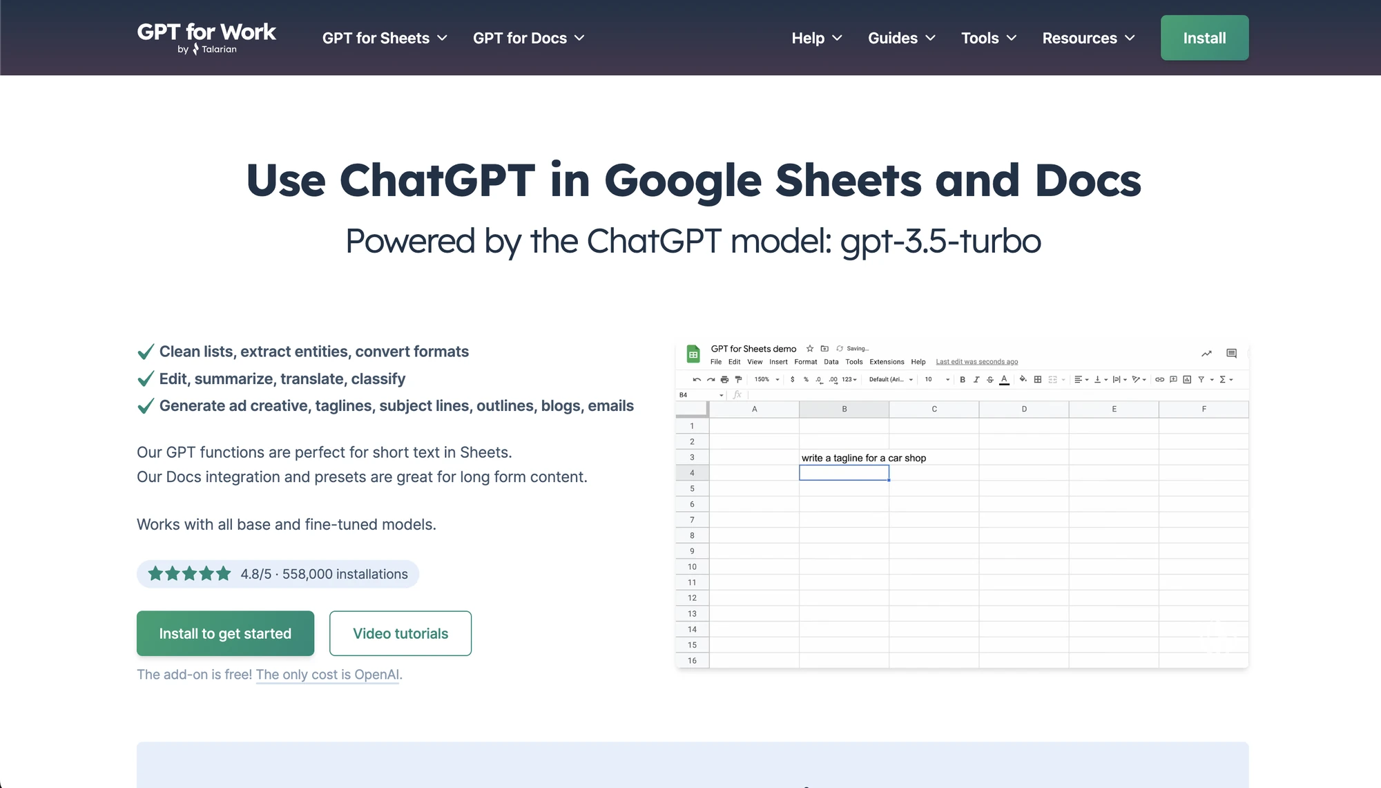 The GPT for Work add-on page: use ChatGPT in Google Sheets and Docs