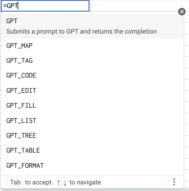 The menu that opens after typing =GPT in a cell, listing GPT, GPT_MAP, GPT_TAG, GPT_CODE, GPT_EDIT, GPT_FILL, GPT_LIST, GPT_TREE, GPT_TABLE and GPT_FORMAT