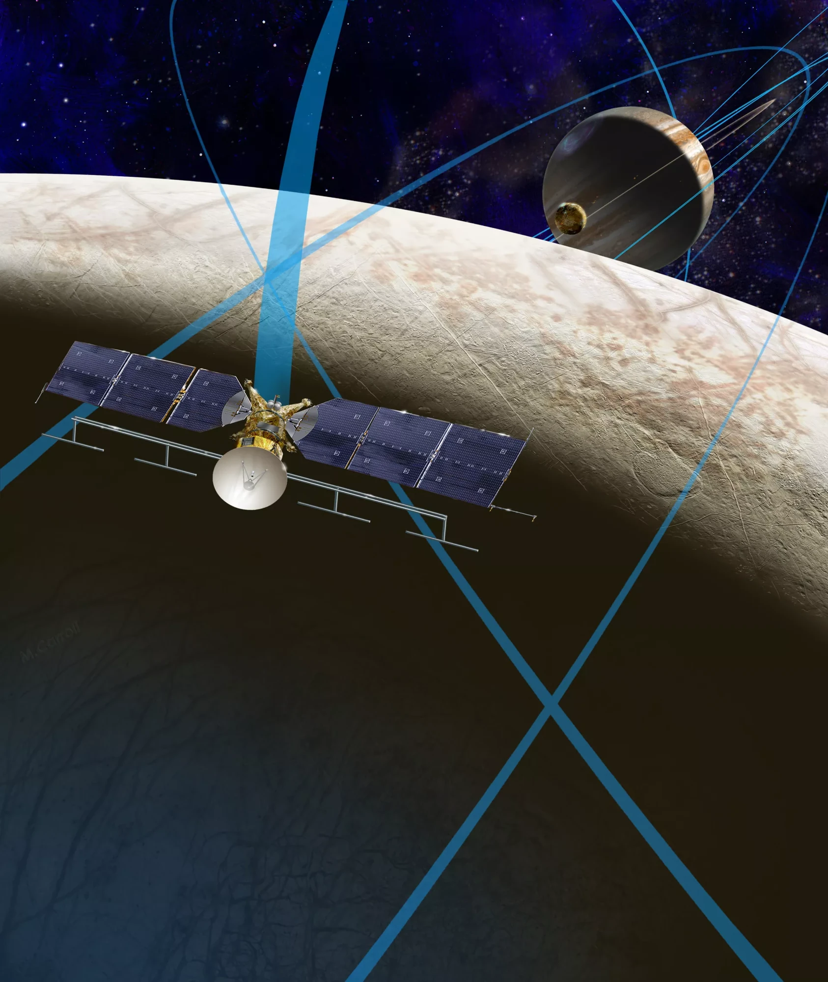 A spacecraft with long solar panels and a dish antenna above the cracked icy surface of Europa, its flyby tracks drawn as blue lines and Jupiter in the distance