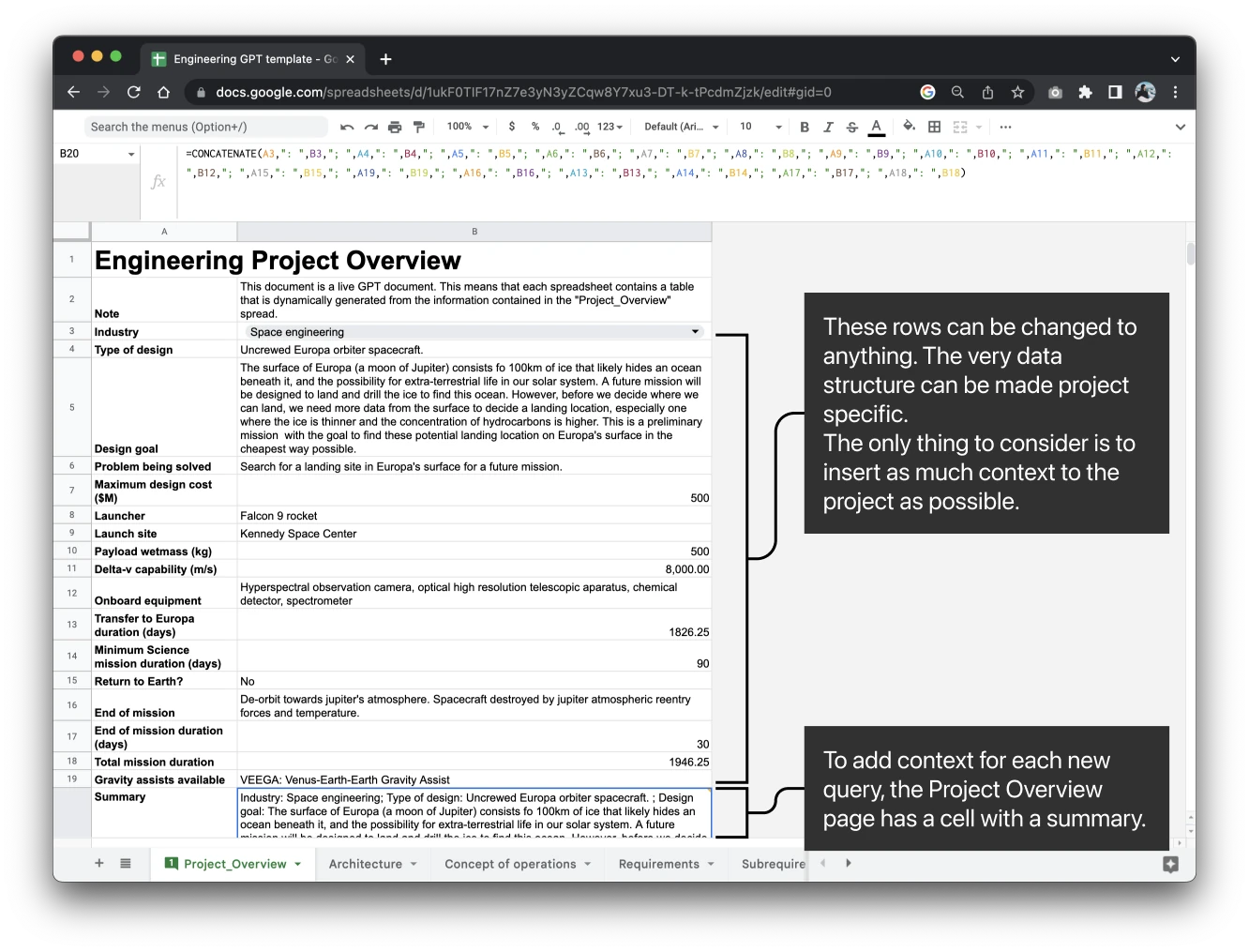 The Engineering Project Overview sheet: rows for industry, design goal, cost, launcher, payload and mission durations of a Europa orbiter, with notes that the rows can be changed and that a summary cell feeds every query