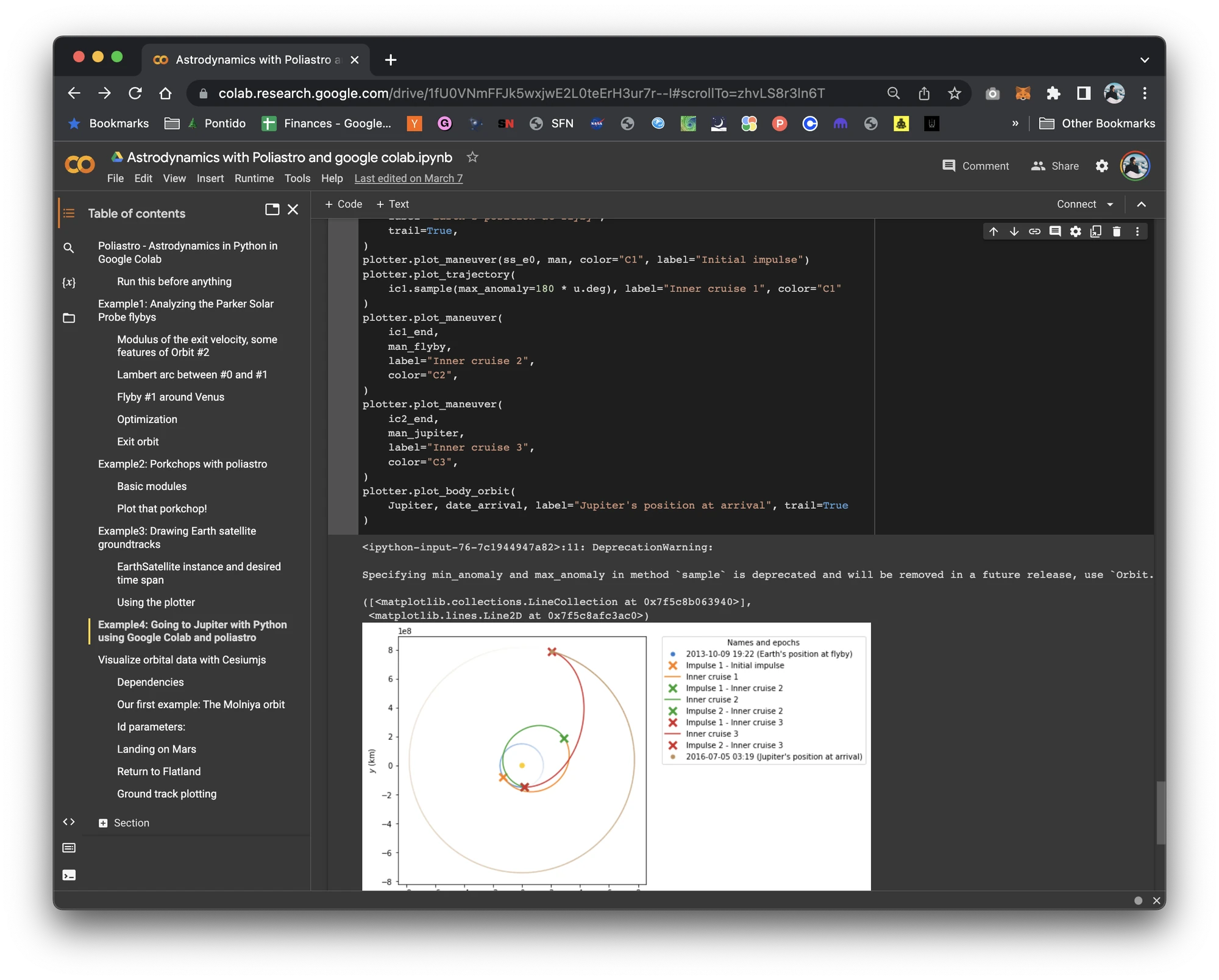The Colab notebook Astrodynamics with Poliastro and google colab: plotting code for the cruise legs above the resulting trajectory plot