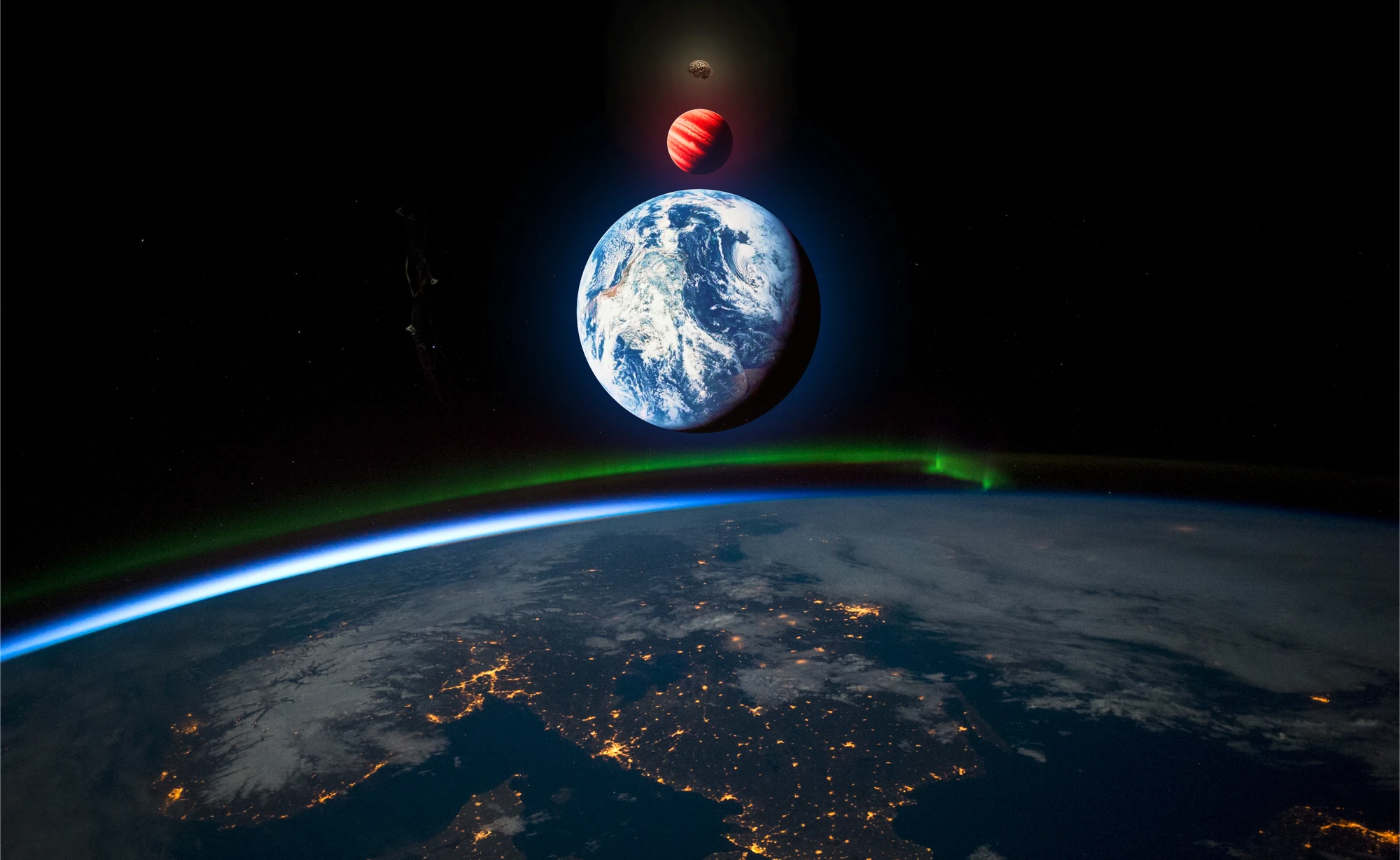 Earth seen from orbit at night, with a second Earth, a red banded planet and a small brain stacked in a column above the horizon