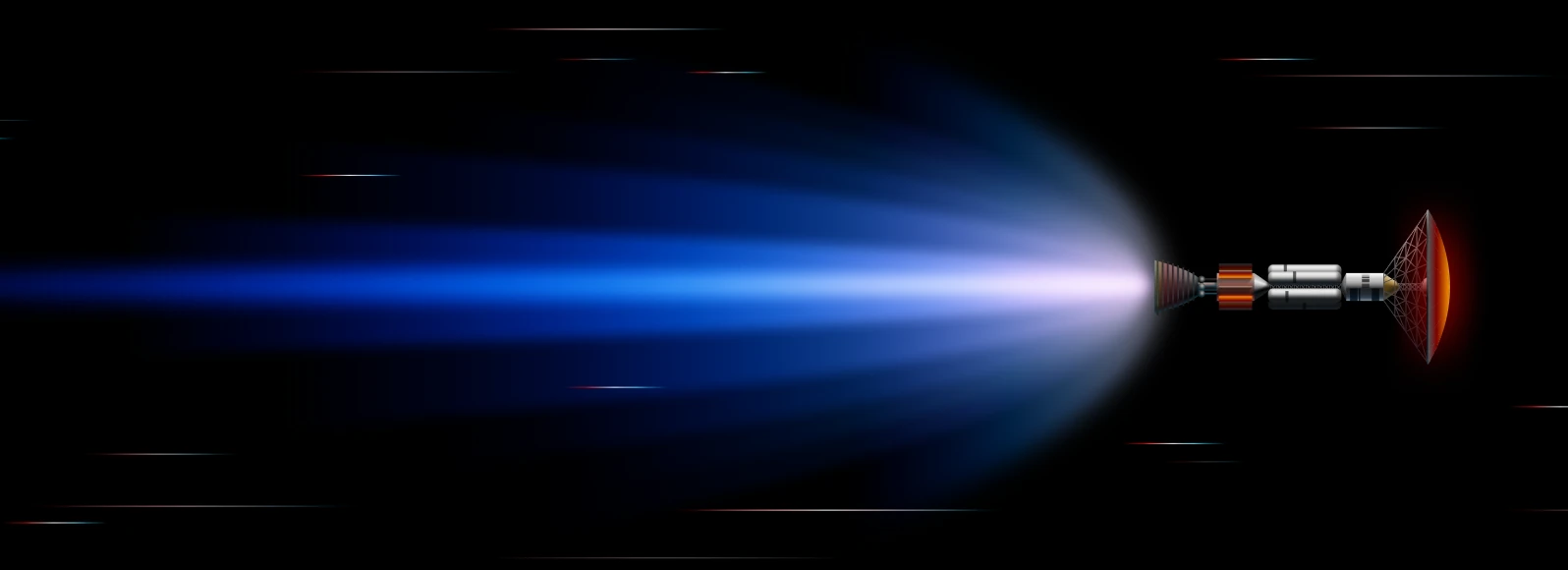 A sub-light starship accelerating on a nuclear fusion drive, its frontal shield glowing red, with streaks of interstellar hydrogen rushing past
