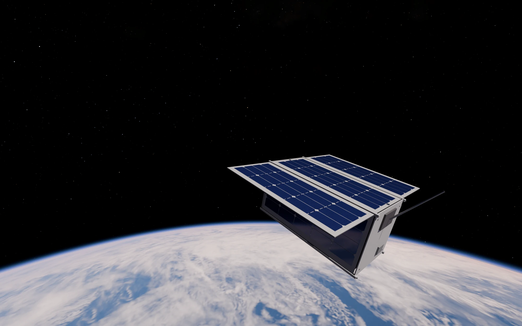 A small boxy satellite with blue solar panels above the bright clouds and thin blue rim of Earth, with stars in the black sky