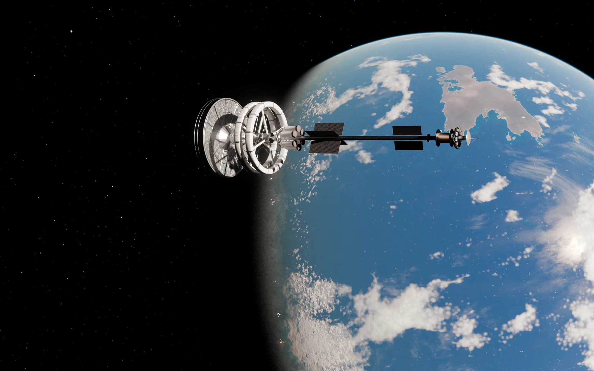 A long spacecraft with a round shield and two ring-shaped habitats at its front end, in orbit over a blue ocean planet with white clouds and a brown island