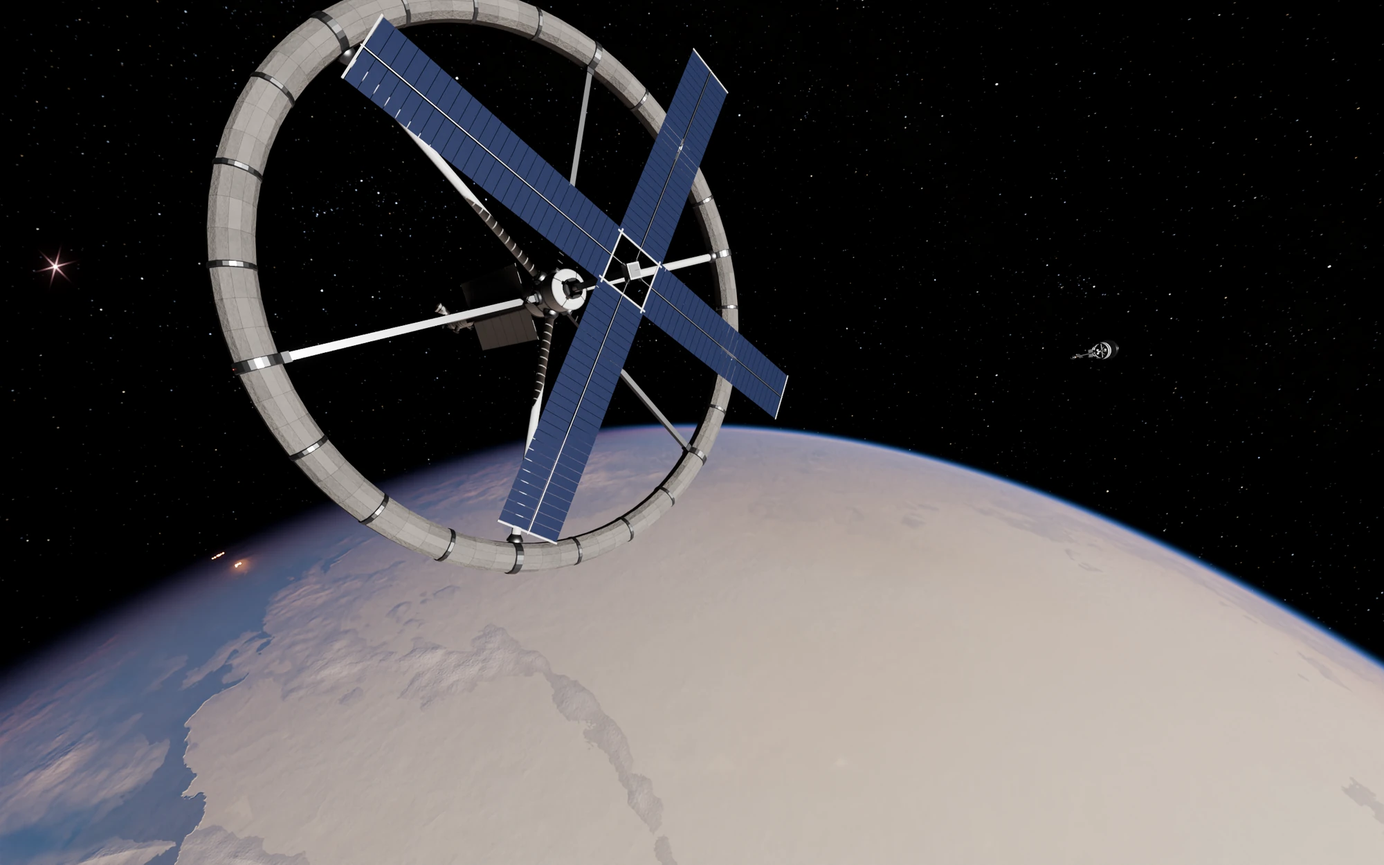 A large ring-shaped station with crossed solar panels above a pale, cloudy Earth-like planet, with a bright star at the left and a small distant spacecraft at the right