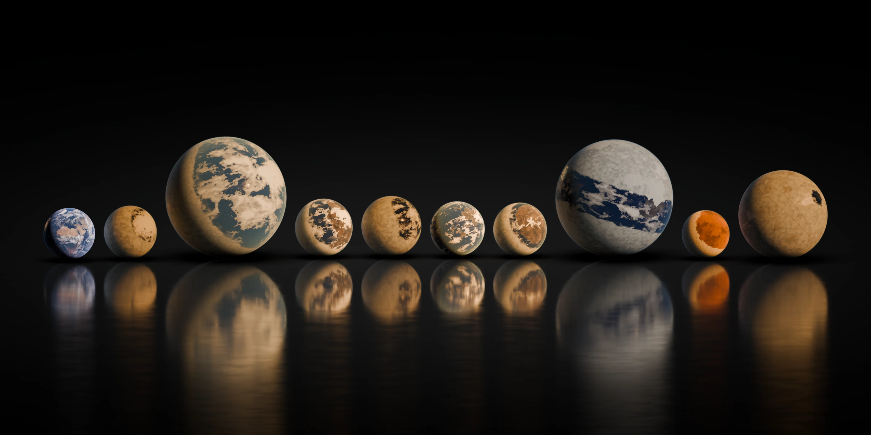 Earth and nine planets of other stars in a row on a dark, polished floor, drawn to one scale and lit from the right, from small Earth and Proxima b to the large GJ 887 d and HD 20794 d, each reflected in the floor