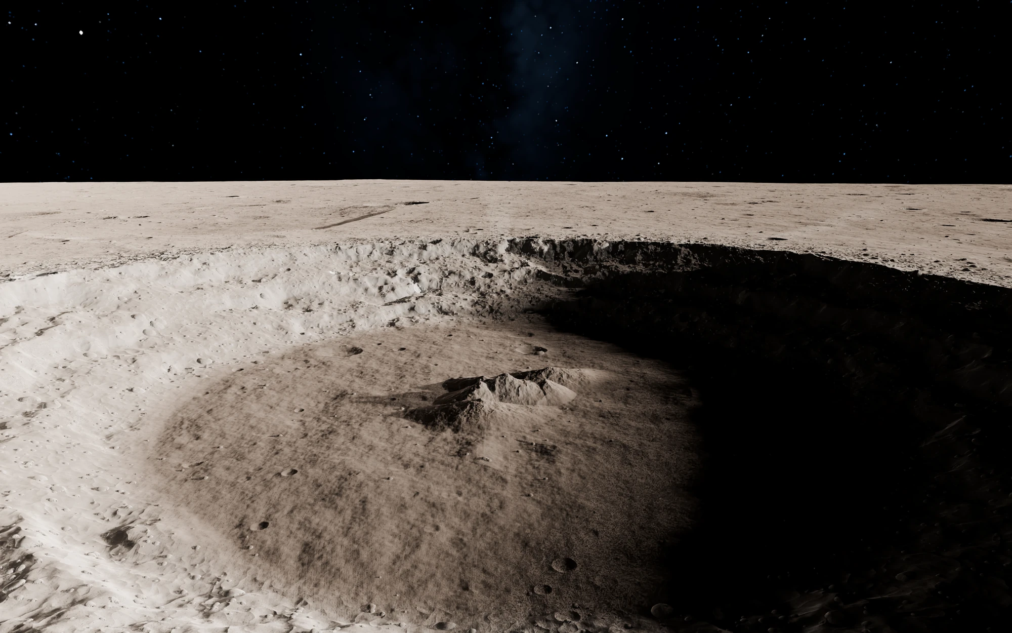 Looking across a large fresh crater from its rim in low sunlight: a bright terraced wall on the left, the far wall and half the floor in deep shadow, and a cluster of rocky peaks in the middle of the floor, under a black sky with stars