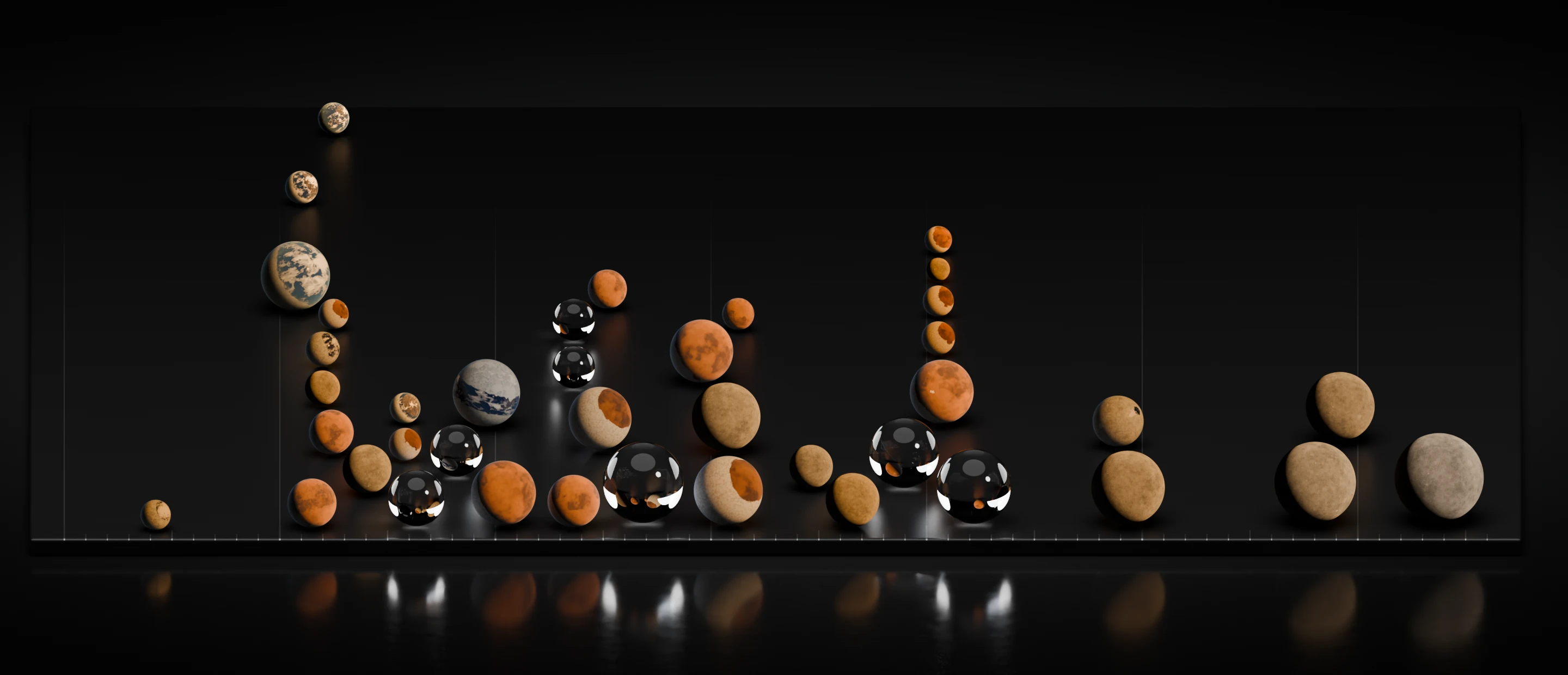 Forty small globes standing on a long dark ruler engraved every light-year, in rows where they crowd near 12 and 40 light-years, most of them matte rock or ocean worlds in orange, grey and white, and seven of clear glass