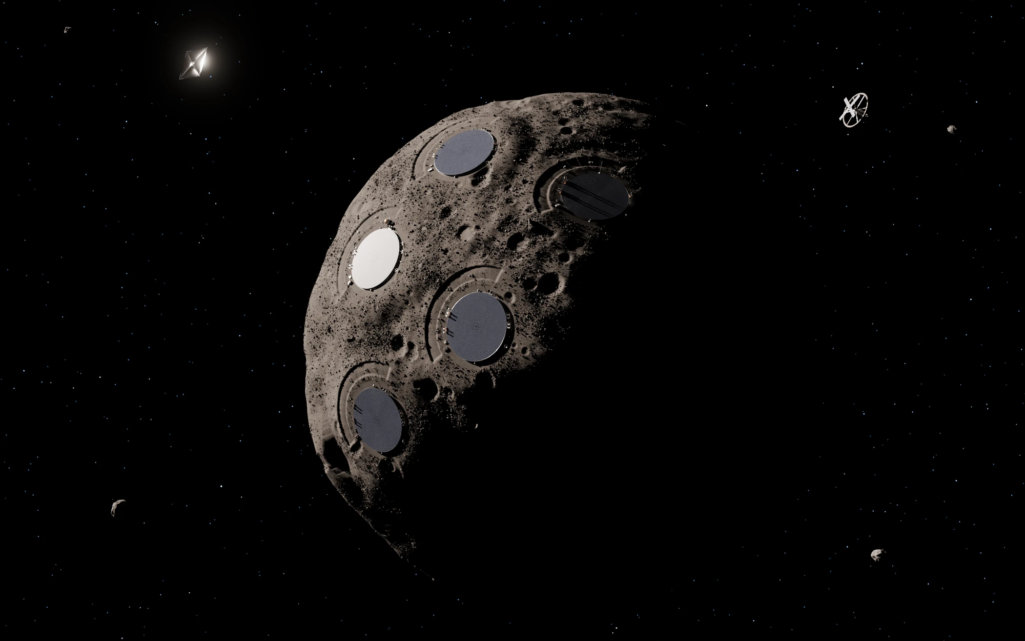 A grey, cratered asteroid shaped like a spinning top, half lit against black space, with five round grey canopies spread over its lit side, a small bright sail at the upper left and a ring station above it