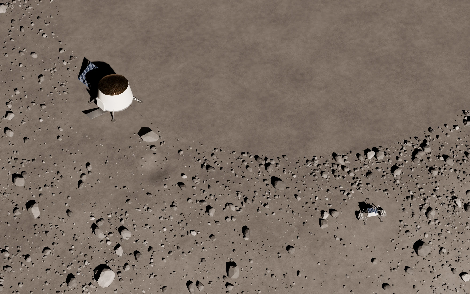 A white landing pod with a dark solar array on a smooth cleared pad of grey regolith, and a small legged digging robot just beyond the pad among scattered boulders