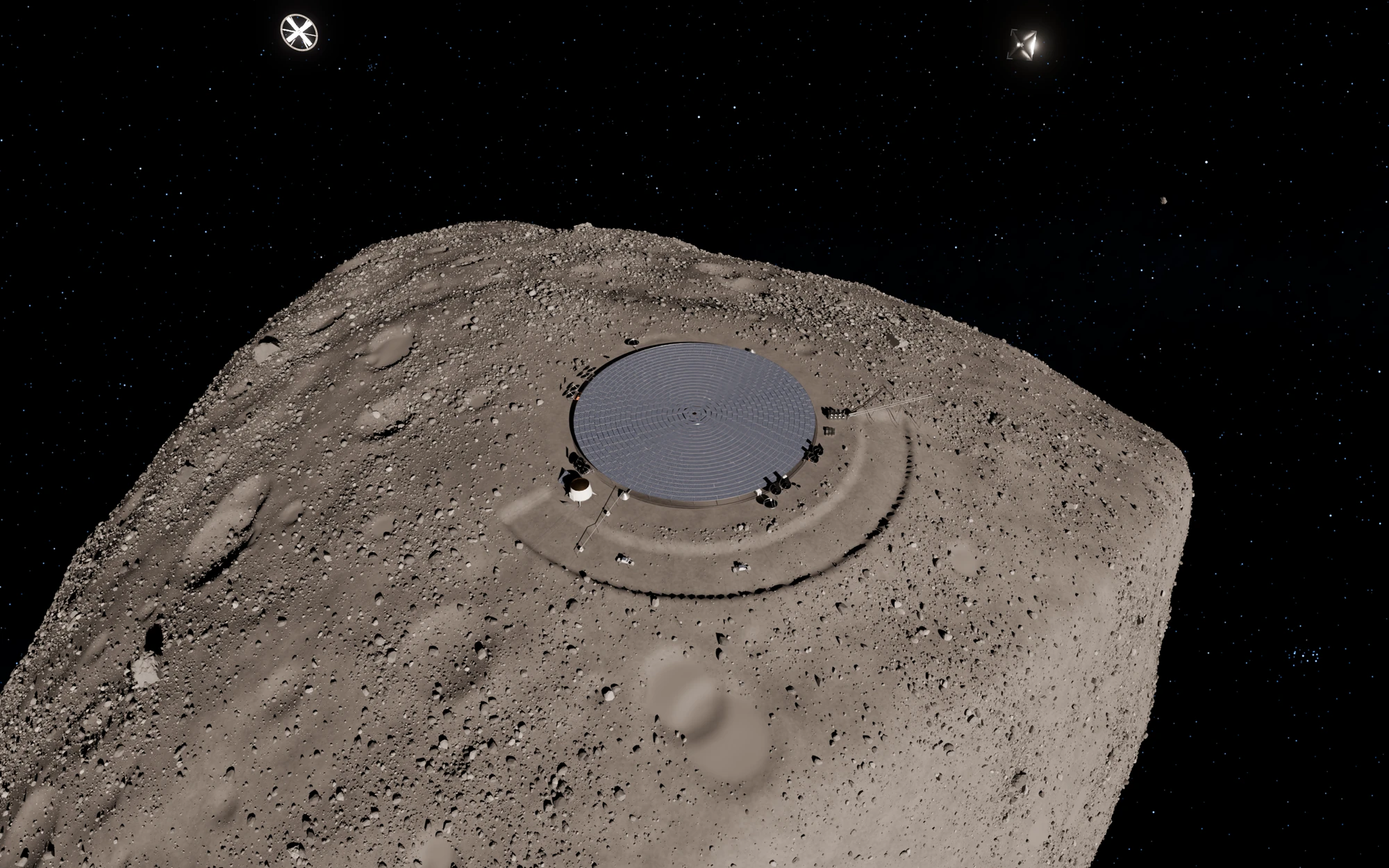 A cratered asteroid surface seen from above, with one round grey solar canopy over a cleared platform and a curved pit beside it, under a black sky