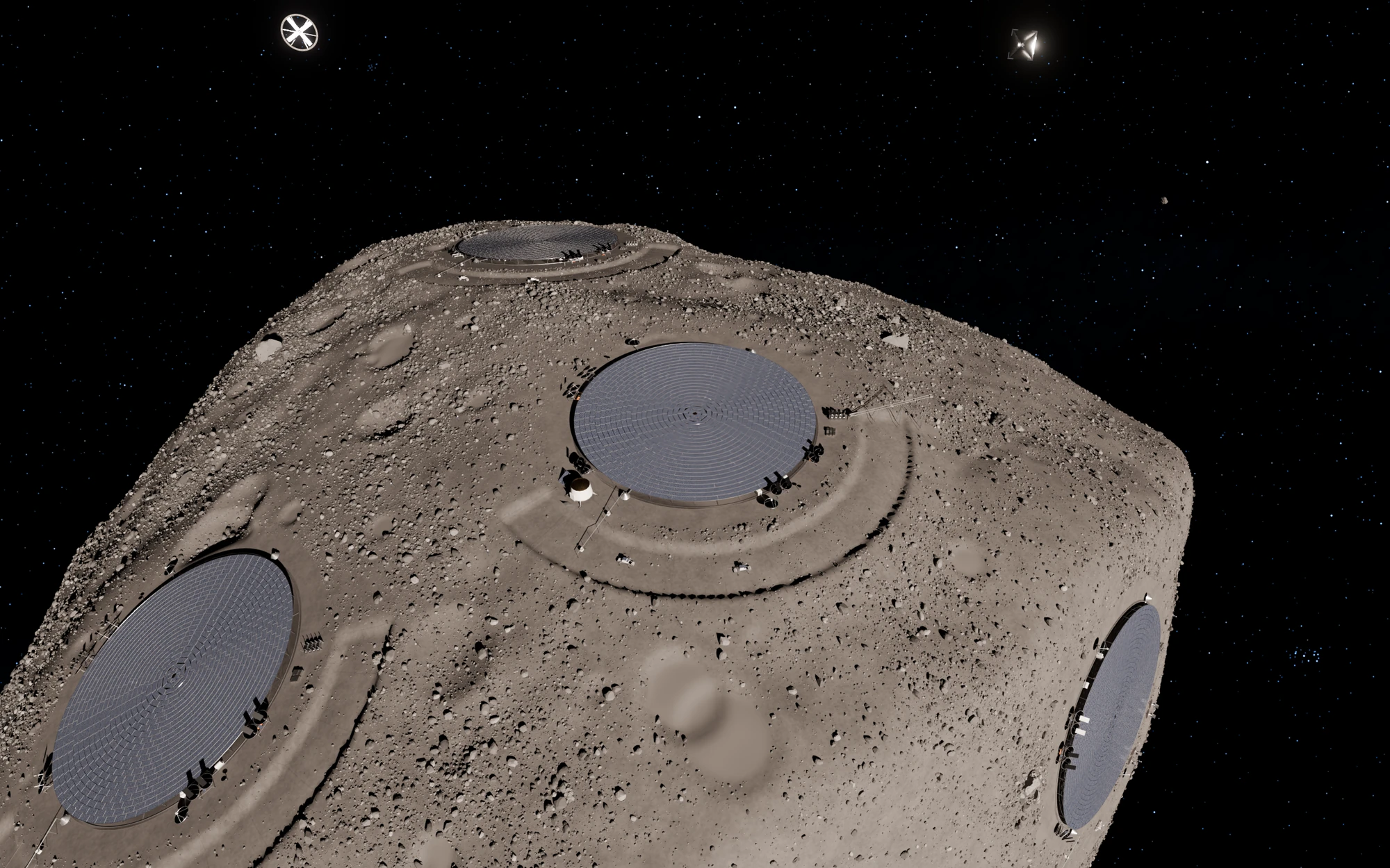The same asteroid from the same viewpoint, now with round solar canopies at the left, in the centre and on the far right of its surface
