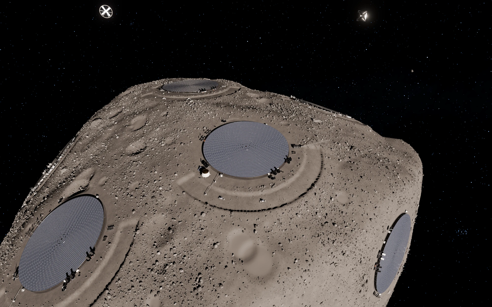 The same view with more canopies across the surface and on the far curve of the asteroid
