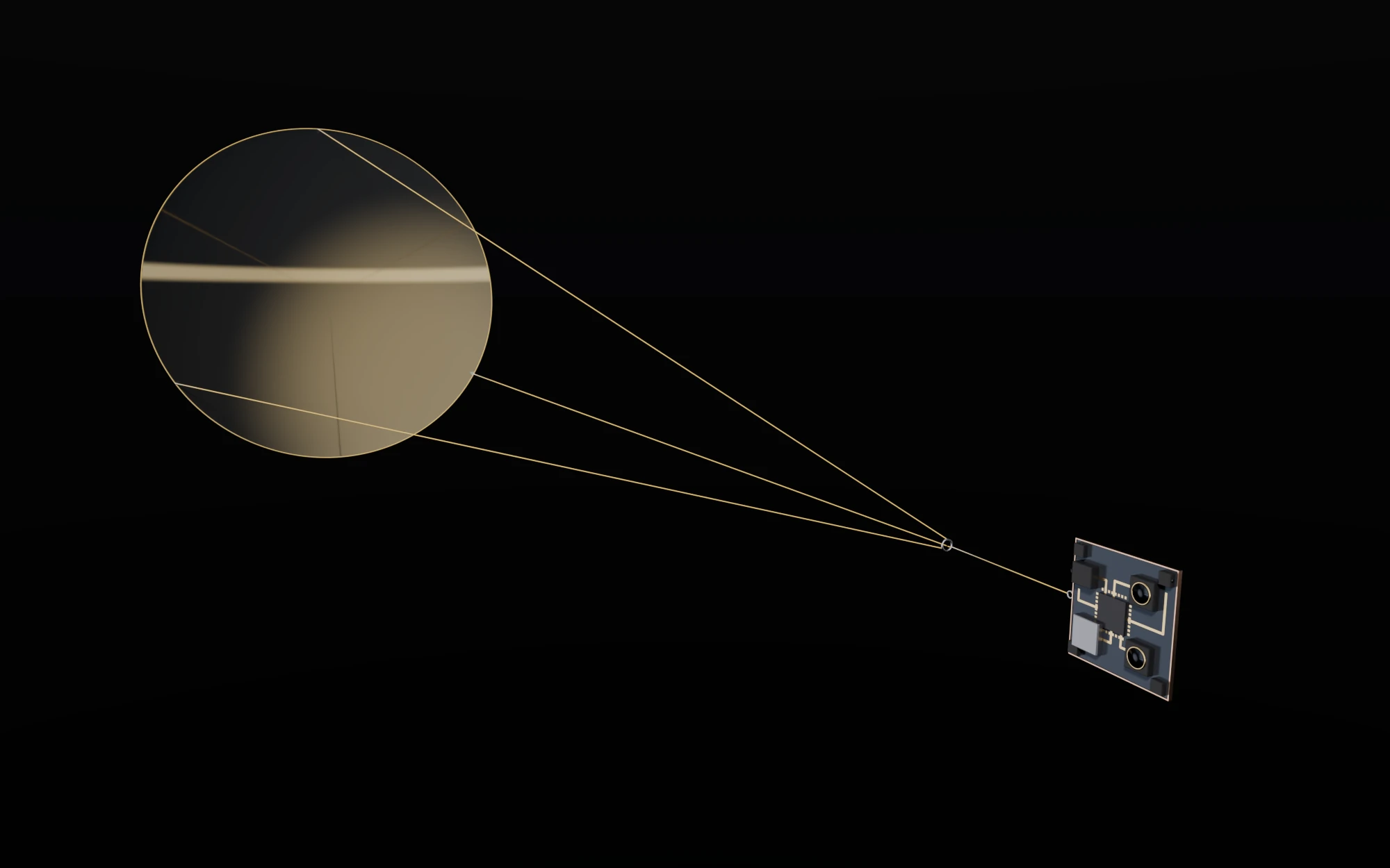 A thin round sail seen at a slant, faintly gold at its edge and across part of its face, with three fine lines running from its rim to a tiny square chip with two round lenses at the right, all against black