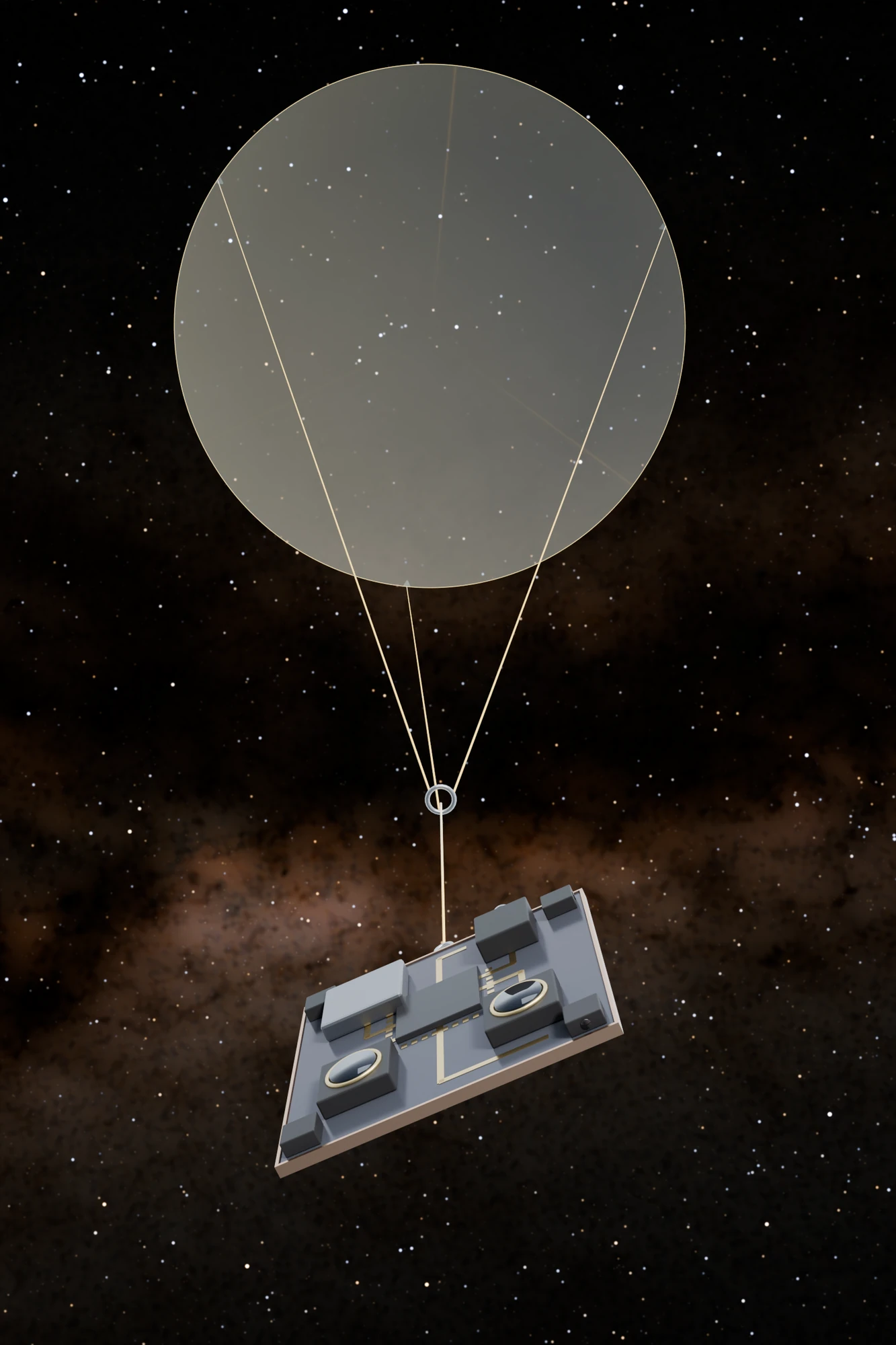 A light sail with its suspended chip in the foreground against the Milky Way