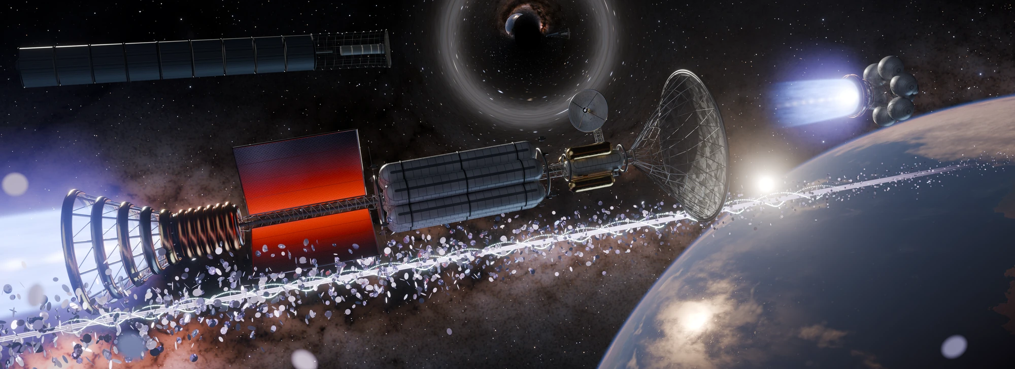 Fusion-powered spacecraft with glowing red radiators and blue-white exhaust, light sails along a laser beam, a long generation ship and a warp lens beside an imagined ocean world