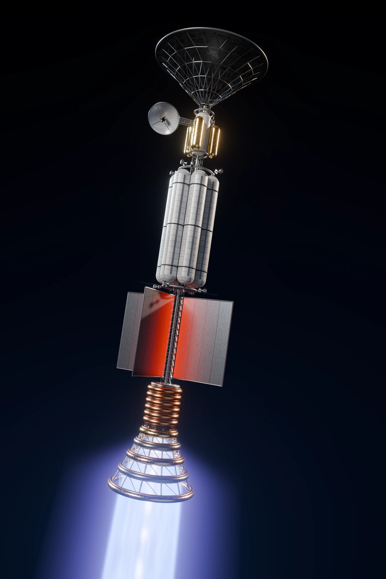 A fusion starship with red radiators and a blue-white exhaust plume, alone against a dark background
